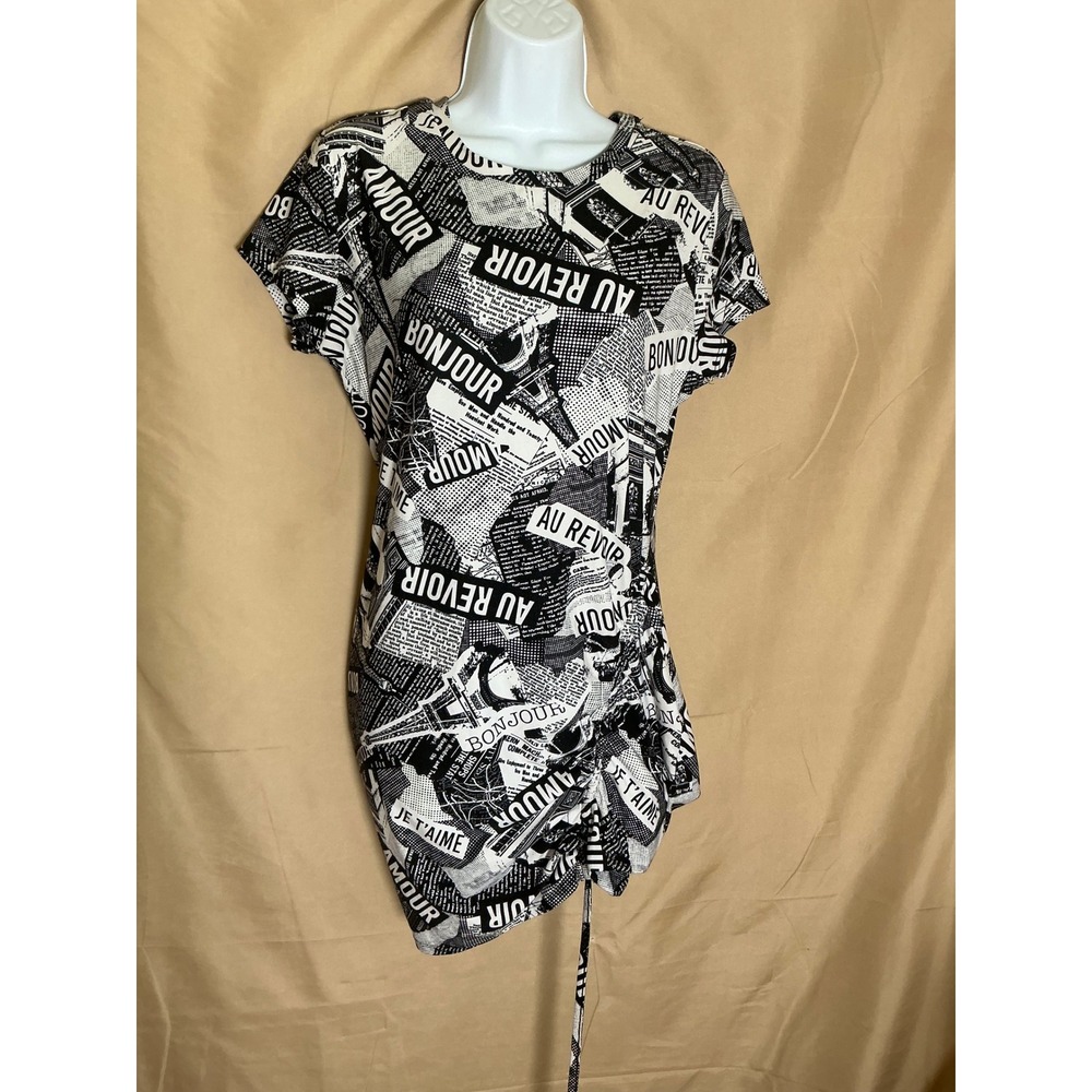 No Boundaries Newspaper Print Dress Womens L Black White Excellent Ruched Mini